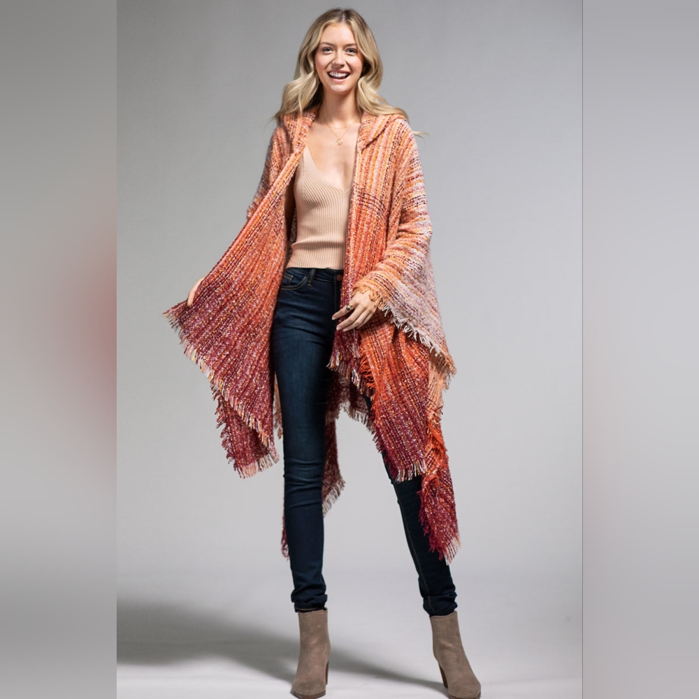 Autumn Sunrise Hooded Ruana - Bottom & Side Fringe - Multicolored Yarns - Picture 7 of 7